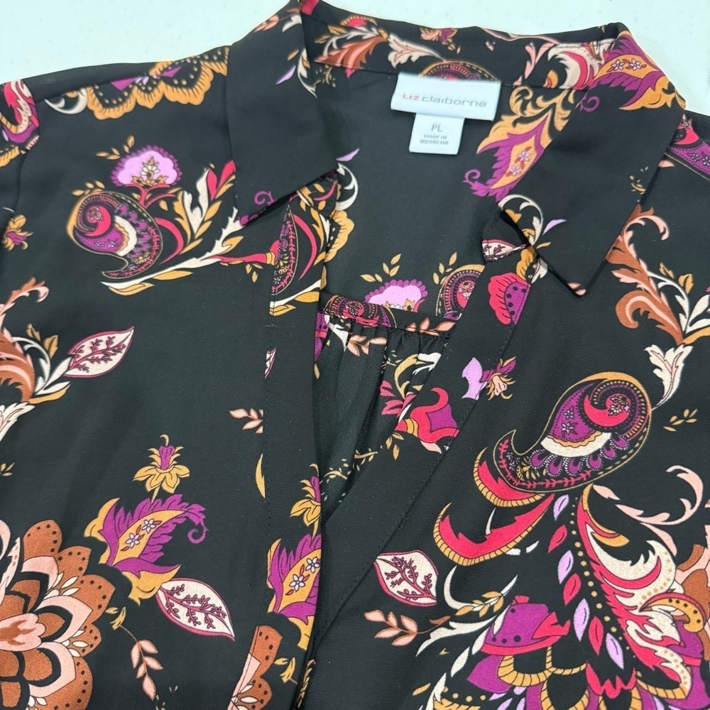 Liz Claiborne Paisley Button Down Blouse Long Sleeve Black Shirt Women’s Size PL - Picture 8 of 11